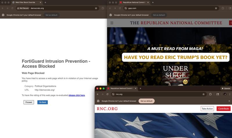 Three screenshots - one showing a page saying "FortiGuard Intrusion Prevention Access Blocked", and the others showing pages for The Republican National Committee and RNC.org